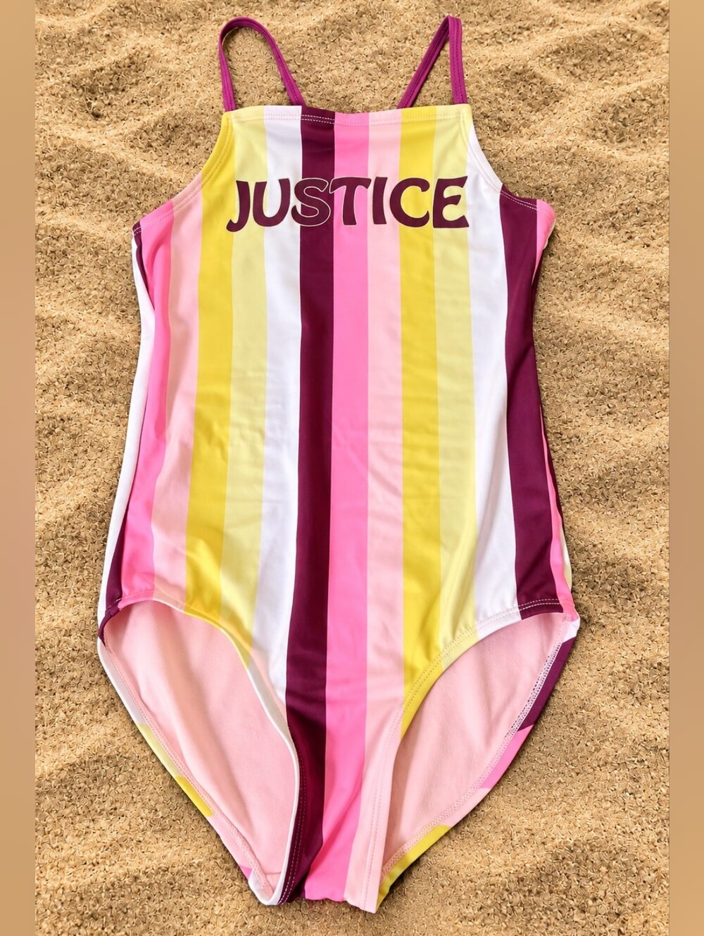 Justice Girls Size 10 Striped One Piece Swimsuit Pink Yellow